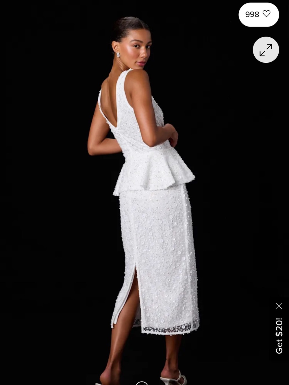 Lulu’s Nivina White Beaded Sequin Peplum Midi Dress NEW Sz S